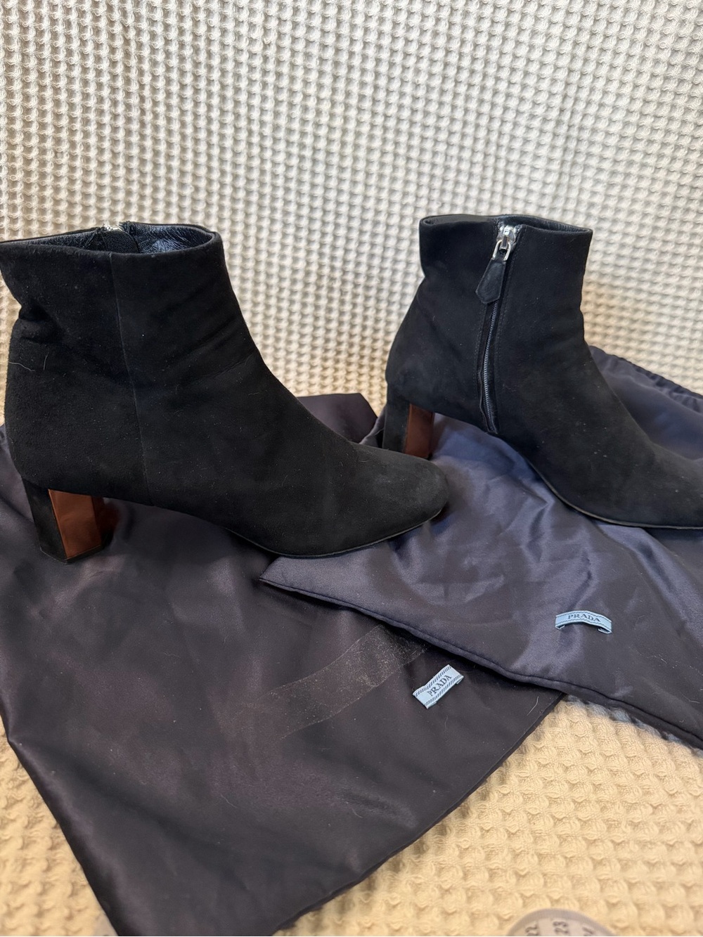 Prada Black Suede Ankle Boots Rose Gold Block Heel Size 38.5 US 8.5